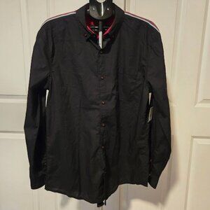 NWT Tranquility & Mayhem mens black shirt with stripes on sleeves sz large